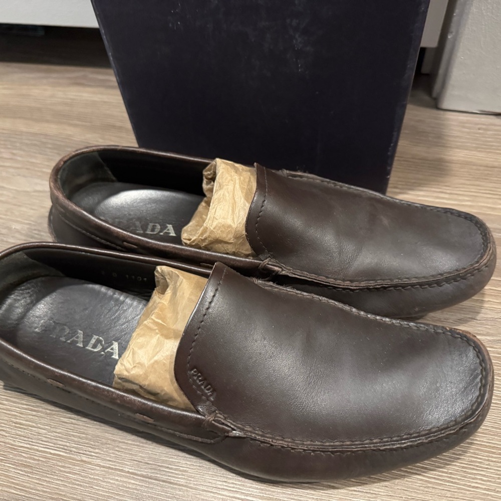 Prada Men's Dark Brown Leather Slip-On Loafers